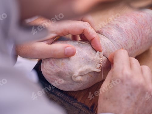 Preview: Elderly person sewing natural sausage