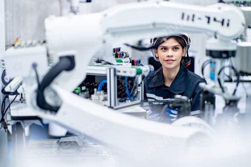 Preview: Industrial engineer working with automated arm robot inside AI robotic production factory.Technology