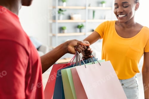 Preview: Online Shopping Delivery, African Courier Giving Bags To Lady Indoors