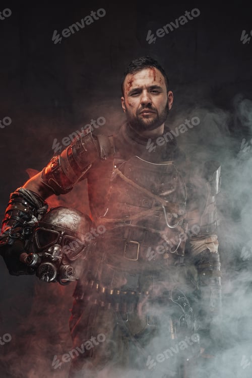 Preview: Brutal and confident stalker holding helmet in smokey background