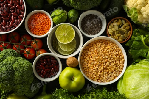 Preview: Set of vegan protein products on wooden background, top view
