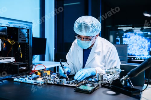 Preview: Professional electronics technician repairing computer motherboard in modern lab. Hardware