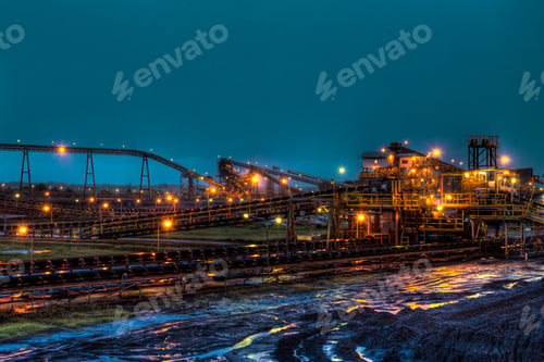 Preview: Wide shot of lighted brown concrete buildings near the body of water at nighttime in Indonesia