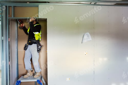 Preview: A carpenter in work clothes on a construction site, using an electric drill.