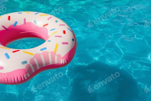 Preview: Inflatable ring floating in swimming pool on sunny day. Space for text