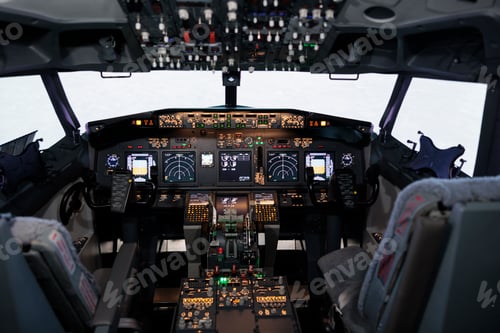 Preview: No people in airplane cockpit used by captain and copilot to fly