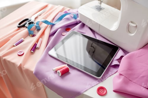 Preview: sewing machine, tablet pc, scissors and ruler