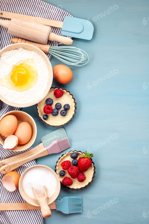 Preview: Baking utensils and cooking ingredients for tarts, cookies, dough and pastry