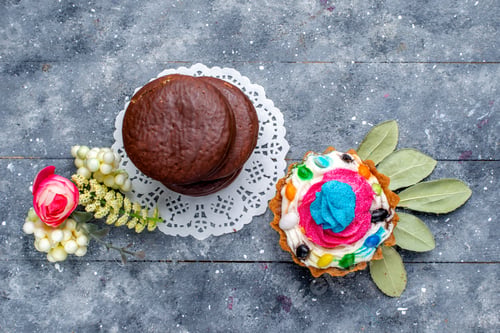 Preview: top view delicious chocolate cakes round formed with cream cake isolated on the grey desk bake