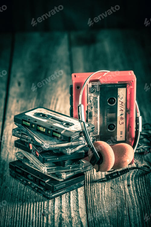 Preview: Old cassette tape with walkman and headphones