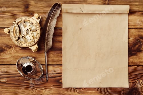 Preview: Old paper on brown wood background with feather