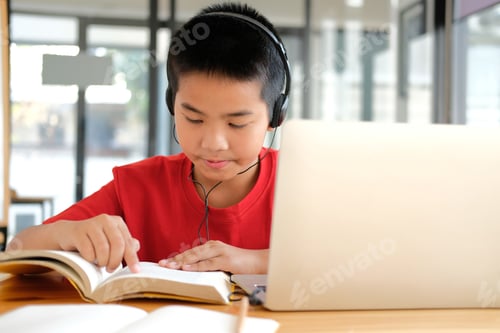 Preview: asian boy student studying learning lesson online. remote meeting distance education at home