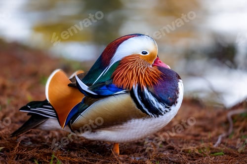 Preview: Male mandarin duck with its bright feathers standing on the grassy riverbank
