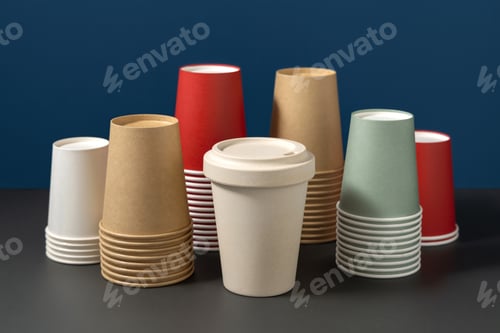 Preview: New multicolor paper cups and reusable bamboo coffee cup on a gray and blue closeup, mockup