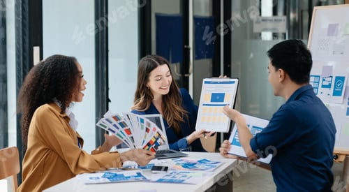 Preview: UX developer and ui designer brainstorming about mobile app interface wireframe design with customer
