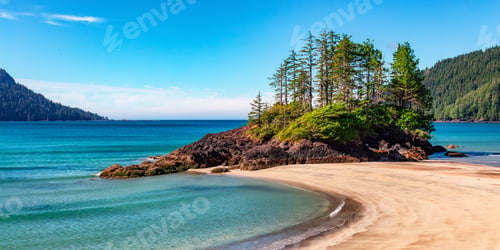 Preview: Canadian Nature Landscape on the West Coast of Pacific Ocean. Sandy Beach. Background Panorama.
