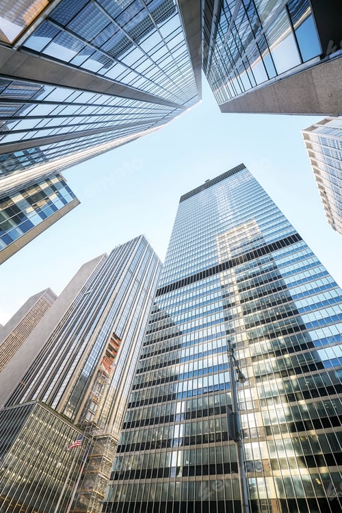 Preview: Looking up at Manhattan skyscrapers, New York.