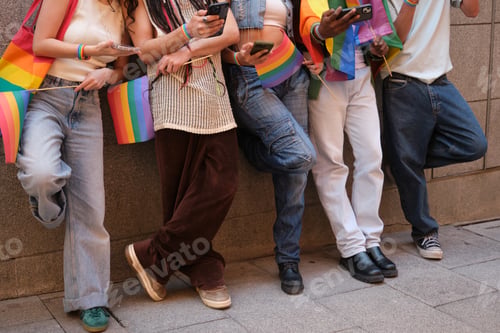 Preview: Friends are using their smartphones and showing support for LGBT rights