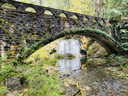 Preview: Old brick bridge covered in moss with waterfall in nature