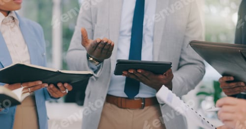 Preview: Closeup, hands and business people with teamwork, tablet and technology with circle, notebook and s