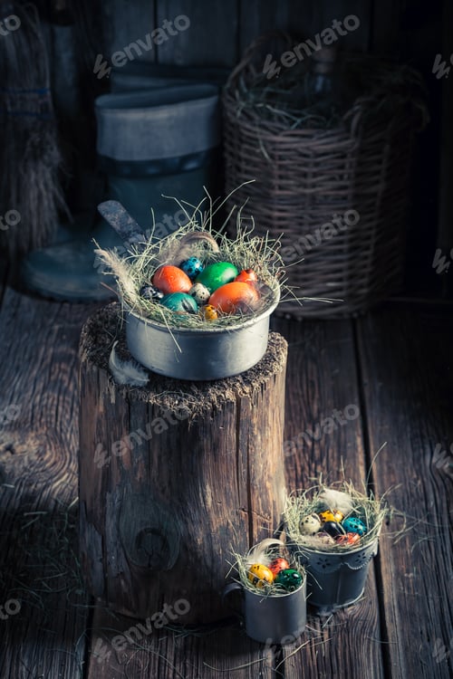Preview: Quail and hen eggs for Easter with hay