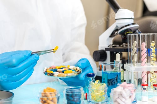 Preview: examine drugs in the laboratory. Selective focus.