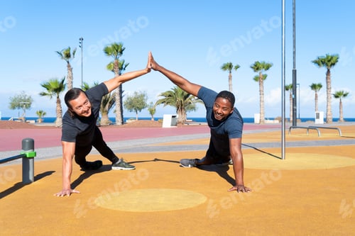Preview: Sport workout of caoucasian and african american men