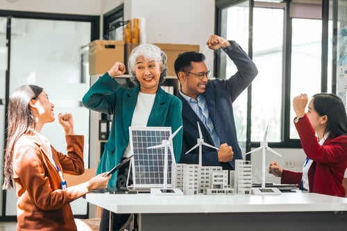 Preview: Group asian business people meeting boardroom clean energy city solutions discussing solar panels