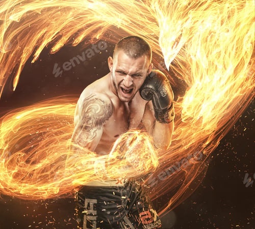 Preview: Fighter with phoenix fire bird on background.