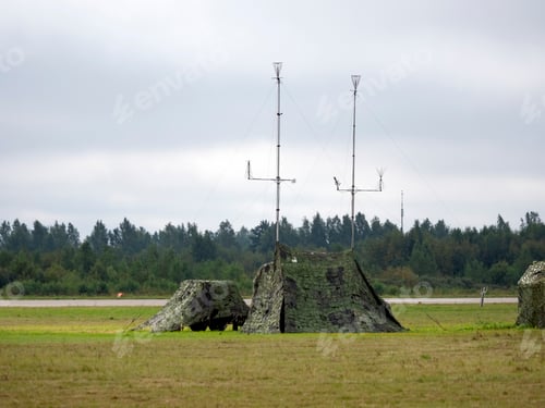 Preview: Military Tent With Radio And Antenna Camouflage Net.