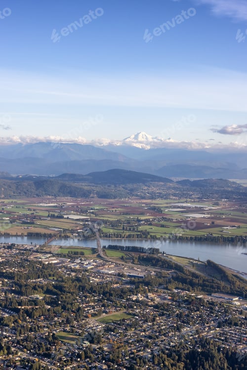 Preview: Aerial View of Mission City, Fraser River and Mnt Baker in background
