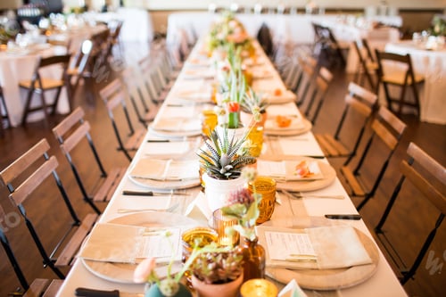Preview: Beautiful holiday table setting with white plates and decorative plants