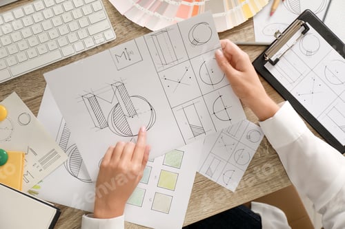 Preview: Female designer working at wooden table, top view