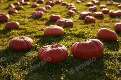 Preview: Ripe pumpkins in pumpkin patch during harvesting season.