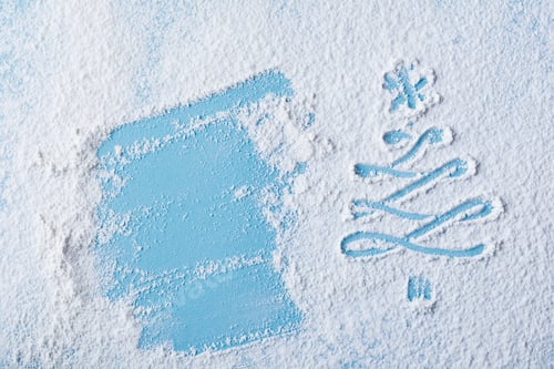 Preview: Christmas tree painted on flour blue background and place to write text with small toys. View from a