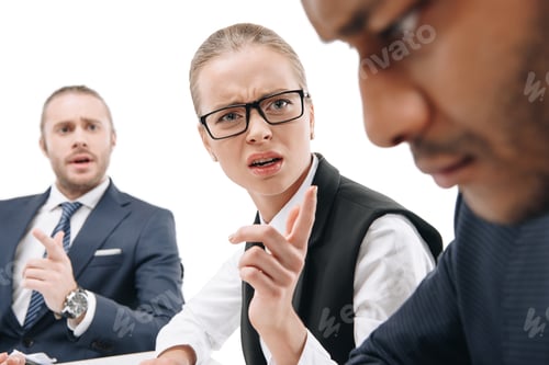 Preview: businesswoman quarreling at guilty businessman, isolated on white