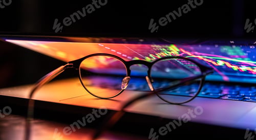 Preview: A laptop half closed in the dark with colourful glow and glasses.