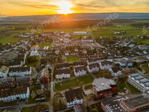 Preview: Aerial panorama view to lake Zug and Swiss Alps with Mettmenstetten, Switzerland
