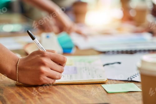 Preview: Hands, writing and book for business schedule, planning or brainstorming notes on office desk. Hand