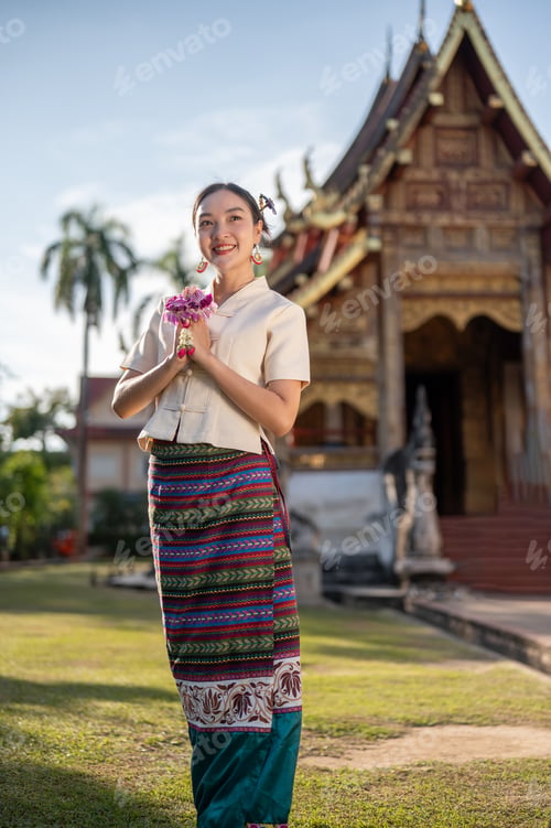 Preview: A beautiful Thai woman in a Thai-Lanna dress is putting her hands together in a prayer position.