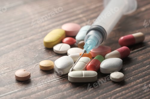 Preview: syringe and pills on dark background, close up