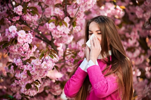 Preview: Woman allergic suffering from seasonal allergy at spring, sneezing, blowing nose with handkerchief.