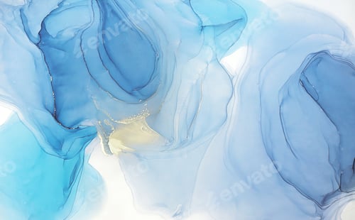 Preview: Abstract alcohol ink painting texture in blue azure tones with golden splashes