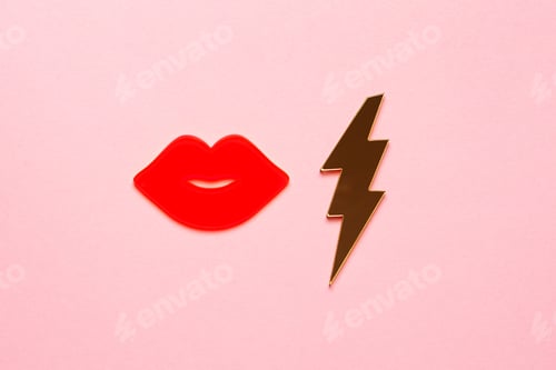 Preview: Kissing woman lips shine pink colored on paper background. Greeting card design