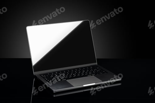 Preview: Open laptop with black screen against black background