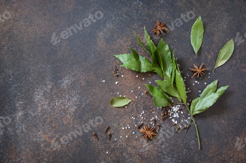 Preview: Culinary food background. Bay leaves with garlic, bay leaves and pepper on a stone dark table.