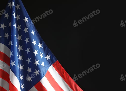 Preview: American flag on black background, closeup with space for text. Memorial Day