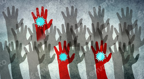 Preview: Silhouettes of hands, three are red colored, infected with Covid-19, crowd with healthy and sick peo