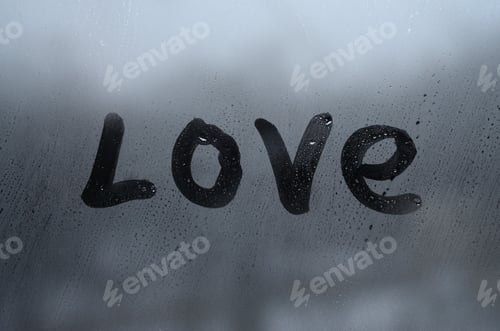 Preview: The English word "love" is written with a finger on the surface of the misted glass