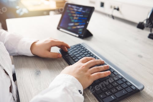 Preview: Close up unrecognizable man, programmer typing on a keyboard